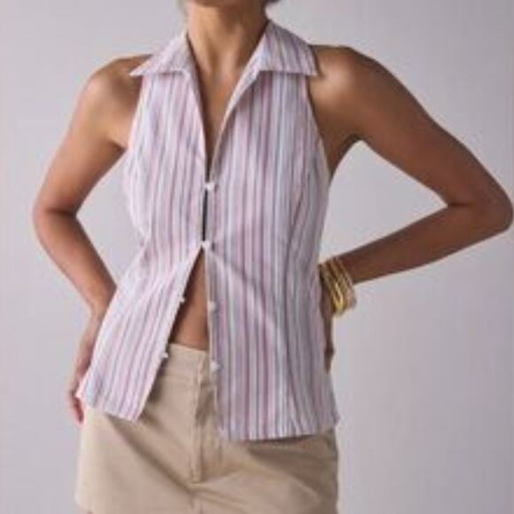 Urban Outfitters NWT Party Girl Button Down Cotton Blend Stripe Sleeveless Top S - Picture 2 of 15